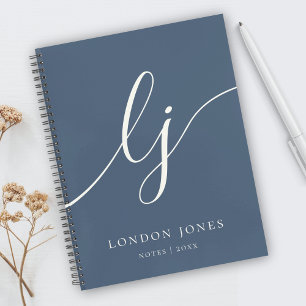 Monogram Simple Navy Blue Ivory Personalised Name Notebook