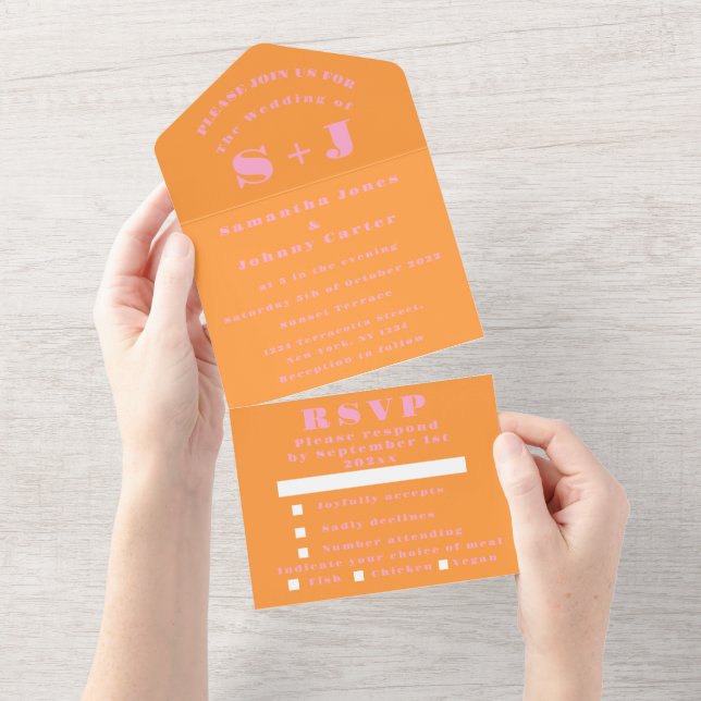 Monogram Simple Pink Orange Bold Wedding All In On One Invitation (Tearaway)