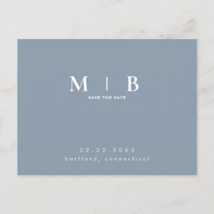 Monogram Simple Sleek Dusty Blue Save the Date Postcard