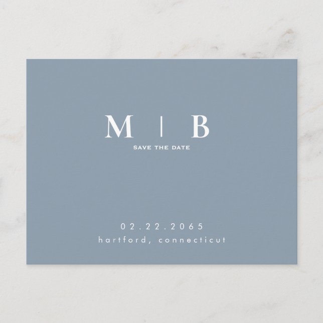 Monogram Simple Sleek Dusty Blue Save the Date Postcard (Front)