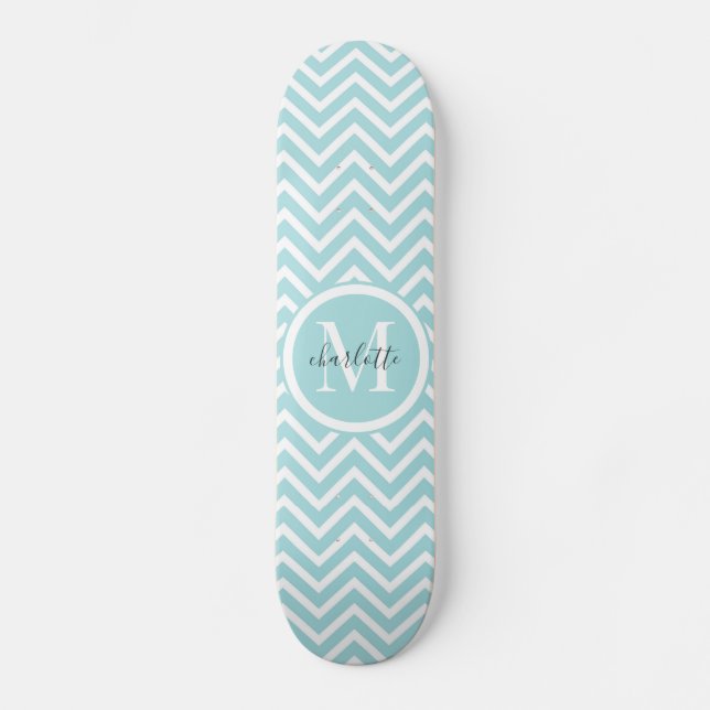 Monogram Skateboard | Pastel Blue Green Chevron  (Front)