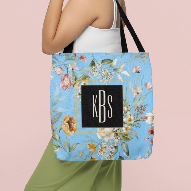 Monogram, Sky Blue 1600s Fine Art Florals Tote  Bag (Creator Uploaded)