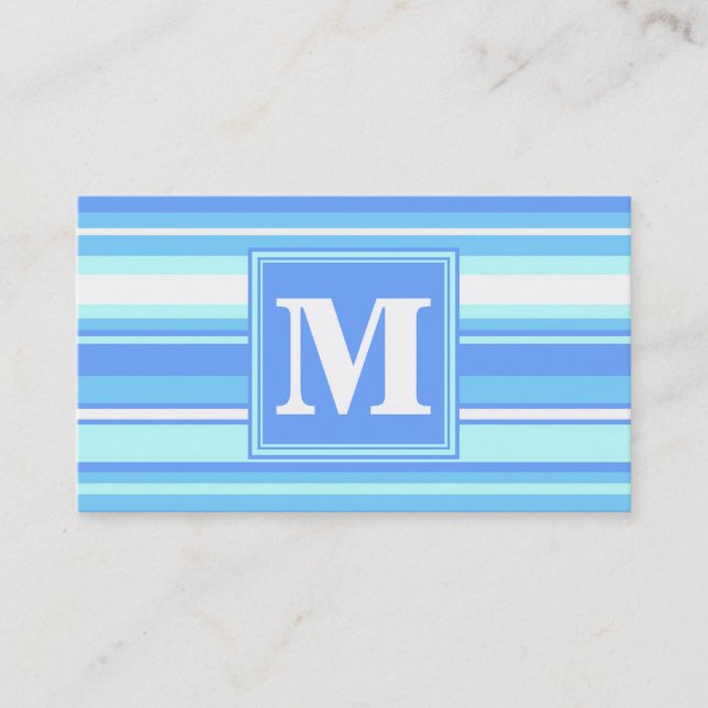Monogram sky blue stripes business card (Front)