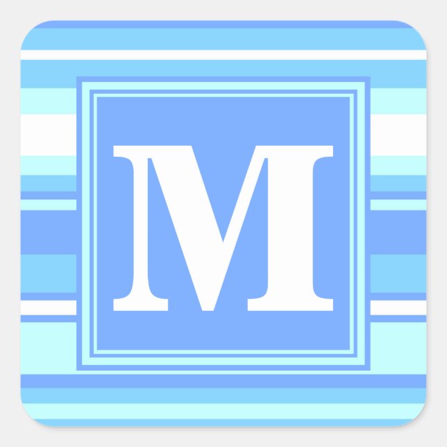 Monogram sky blue stripes square sticker (Front)