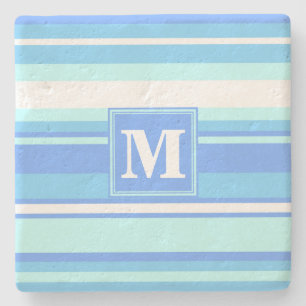 Monogram sky blue stripes stone coaster