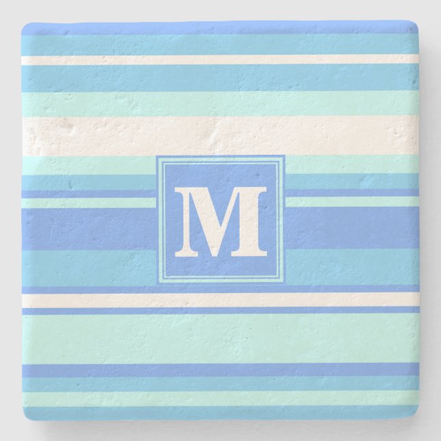 Monogram sky blue stripes stone coaster (Front)