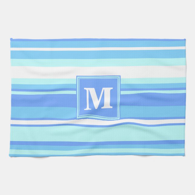 Monogram sky blue stripes tea towel (Horizontal)