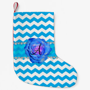 Monogram sky blue white chevrons blue rose small christmas stocking