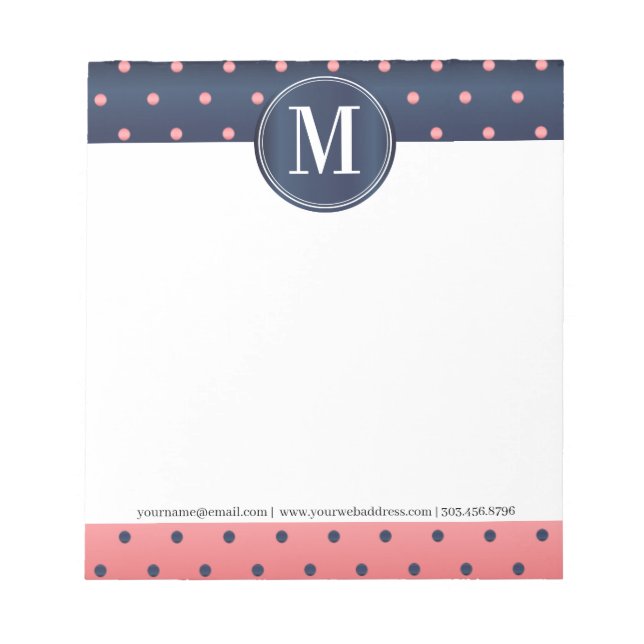 Monogram Slate Blue and Coral Polka Dots Notepad (Front)