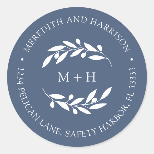 Monogram Slate Blue Wedding Return Address Classic Round Sticker (Front)