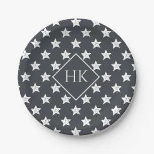 Monogram Slate Grey Charchoal White Star Pattern Paper Plate