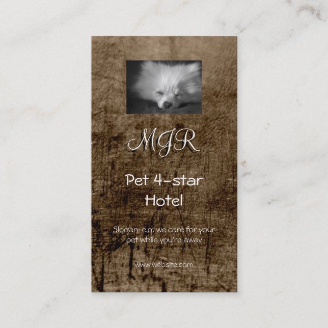 Monogram, Sleeping Pomeranian Puppy, leather-look Business Card (Front)