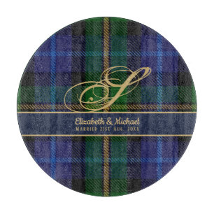 Monogram Smith Tartan Blue Green Gold Newlyweds Cutting Board