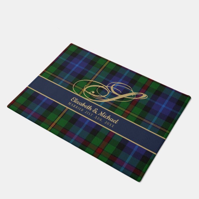Monogram Smith Tartan Blue Green Gold Newlyweds Doormat (Angled)