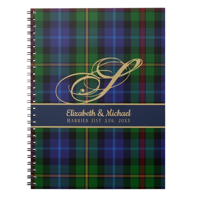 Monogram Smith Tartan Blue Green Gold Newlyweds Notebook (Front)