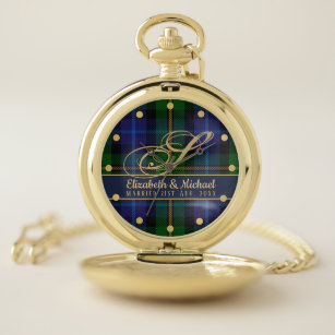 Monogram Smith Tartan Blue Green Gold Newlyweds Pocket Watch