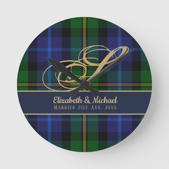 Monogram Smith Tartan Blue Green Gold Newlyweds Round Clock (Front)