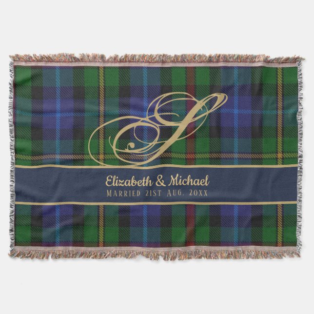 Monogram Smith Tartan Blue Green Gold Newlyweds Throw Blanket (Front)