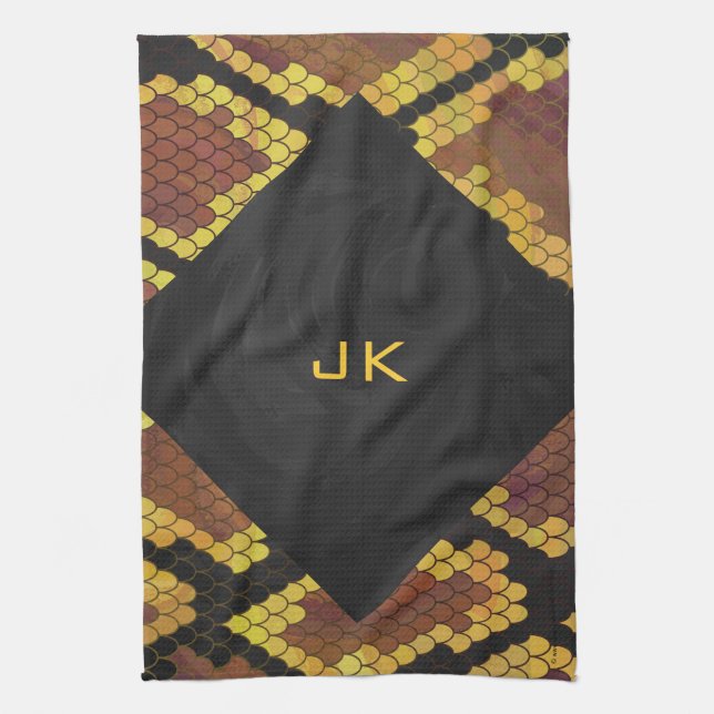 Monogram Snake Brown and Gold Print Tea Towel (Vertical)