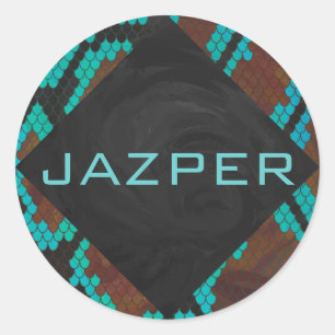 Monogram Snake Brown and Teal Print Classic Round Sticker