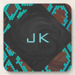 Monogram Snake Brown and Teal Print Coaster