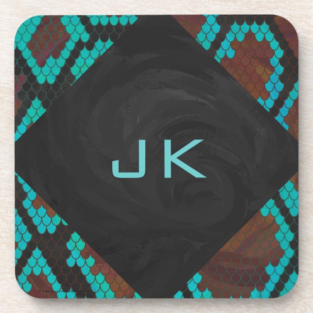 Monogram Snake Brown and Teal Print Coaster (Front)