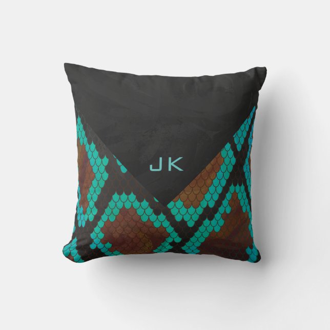 Monogram Snake Brown and Teal Print Cushion (Front)