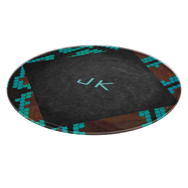 Monogram Snake Brown and Teal Print Cutting Board (Corner)