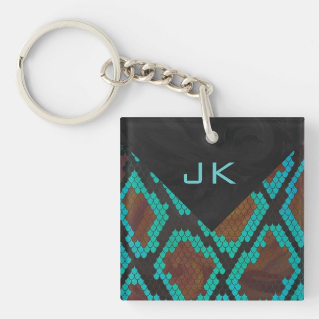 Monogram Snake Brown and Teal Print Key Ring (Front)