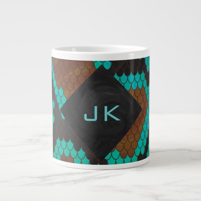 Monogram Snake Brown and Teal Print Large Coffee Mug (Front)