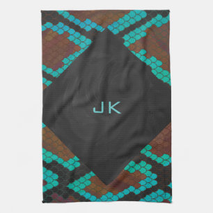 Monogram Snake Brown and Teal Print Tea Towel