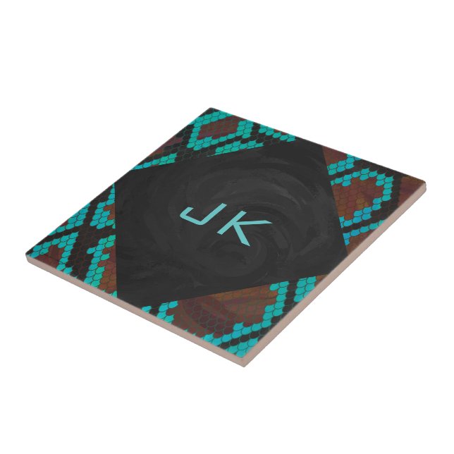 Monogram Snake Brown and Teal Print Tile (Side)