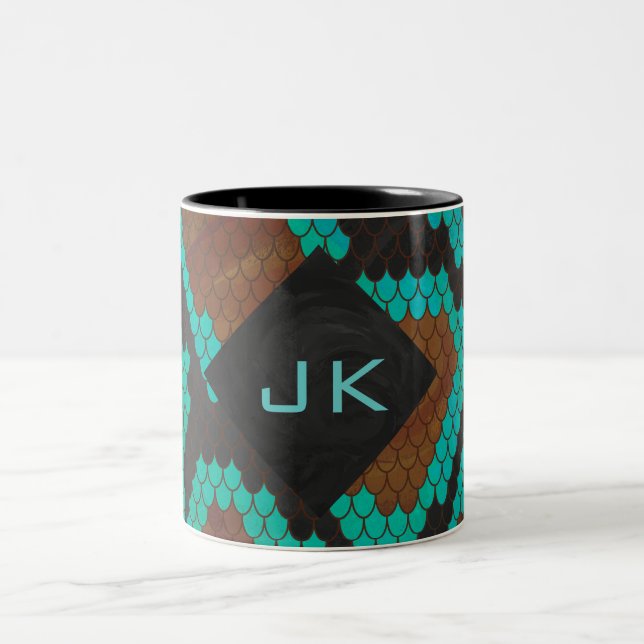 Monogram Snake Brown and Teal Print Two-Tone Coffee Mug (Center)