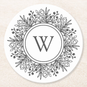 Monogram Snowflake Christmas Round Paper Coaster