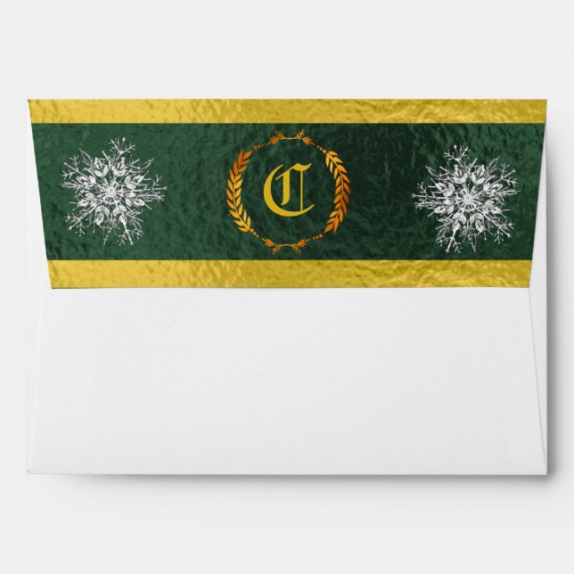Monogram & Snowflake - Green/Gold Envelope (Back (Top Flap))