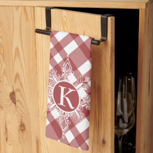 Monogram snowflake on plaid kitchen towel