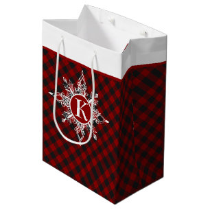 Monogram snowflake on plaid  medium gift bag