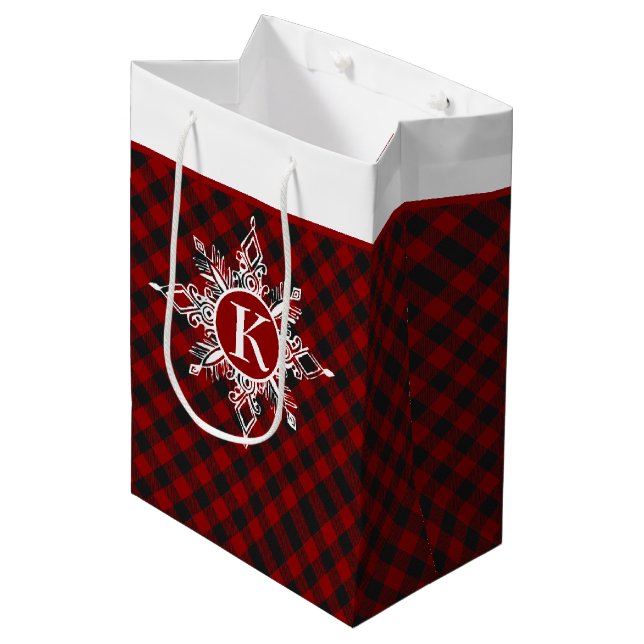 Monogram snowflake on plaid  medium gift bag (Front Angled)
