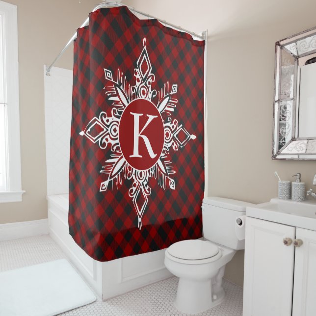 Monogram snowflake on plaid shower curtain (In Situ)
