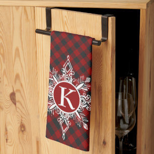 Monogram snowflake on plaid tea towel