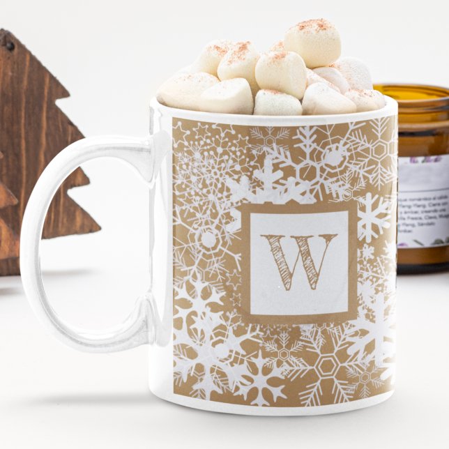 Monogram Snowflakes Gingerbread Kraft Brown Coffee Mug (Creator Uploaded)