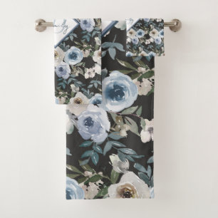 Monogram Soft Dusty Blue Watercolor Florals for Bath Towel Set