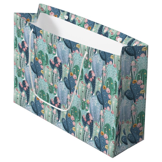 Monogram | Soft Patel Cactus Pattern Large Gift Bag (Front Angled)