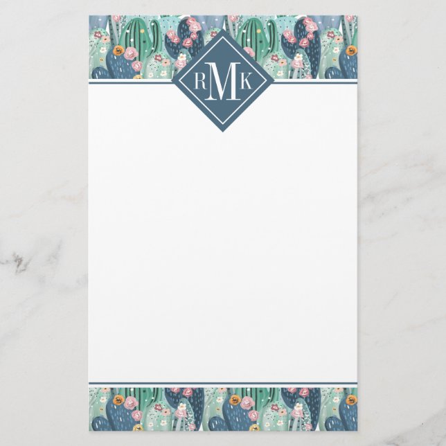 Monogram | Soft Patel Cactus Pattern Stationery (Front)