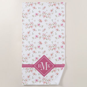 Monogram Soft Pink Watercolor Flower Beach Towel