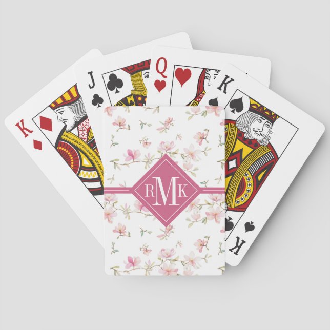 Monogram | Soft Pink Watercolor Flower Playing Cards (Back)