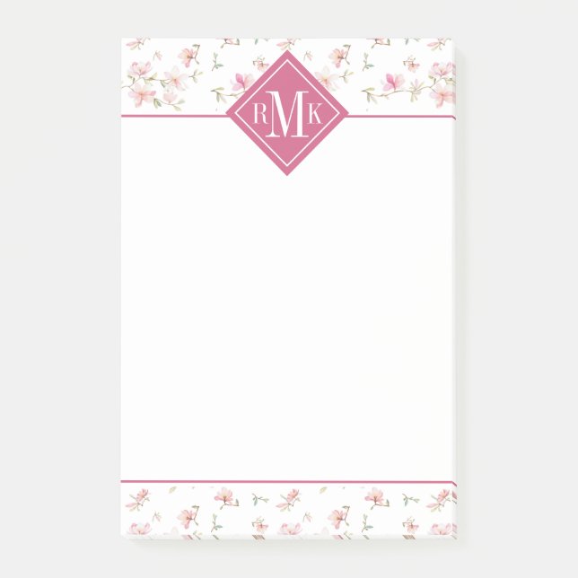 Monogram | Soft Pink Watercolor Flower Post-it Notes (Front)