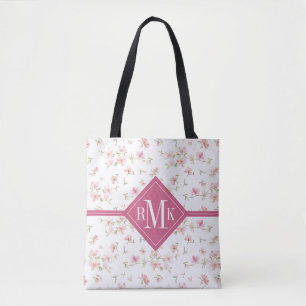 Monogram   Soft Pink Watercolor Flower Tote Bag