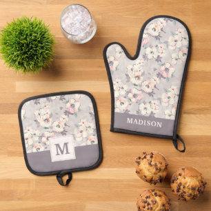 Monogram   Soft Pink Watercolor Pattern Oven Mitt & Pot Holder Set