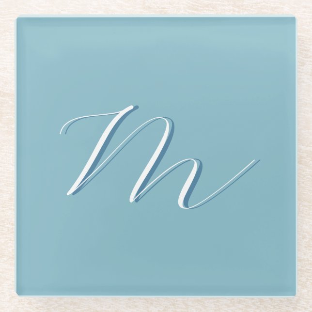 Monogram Solid Blue Pastel Minimalist Professional Glass Coaster (Front)
